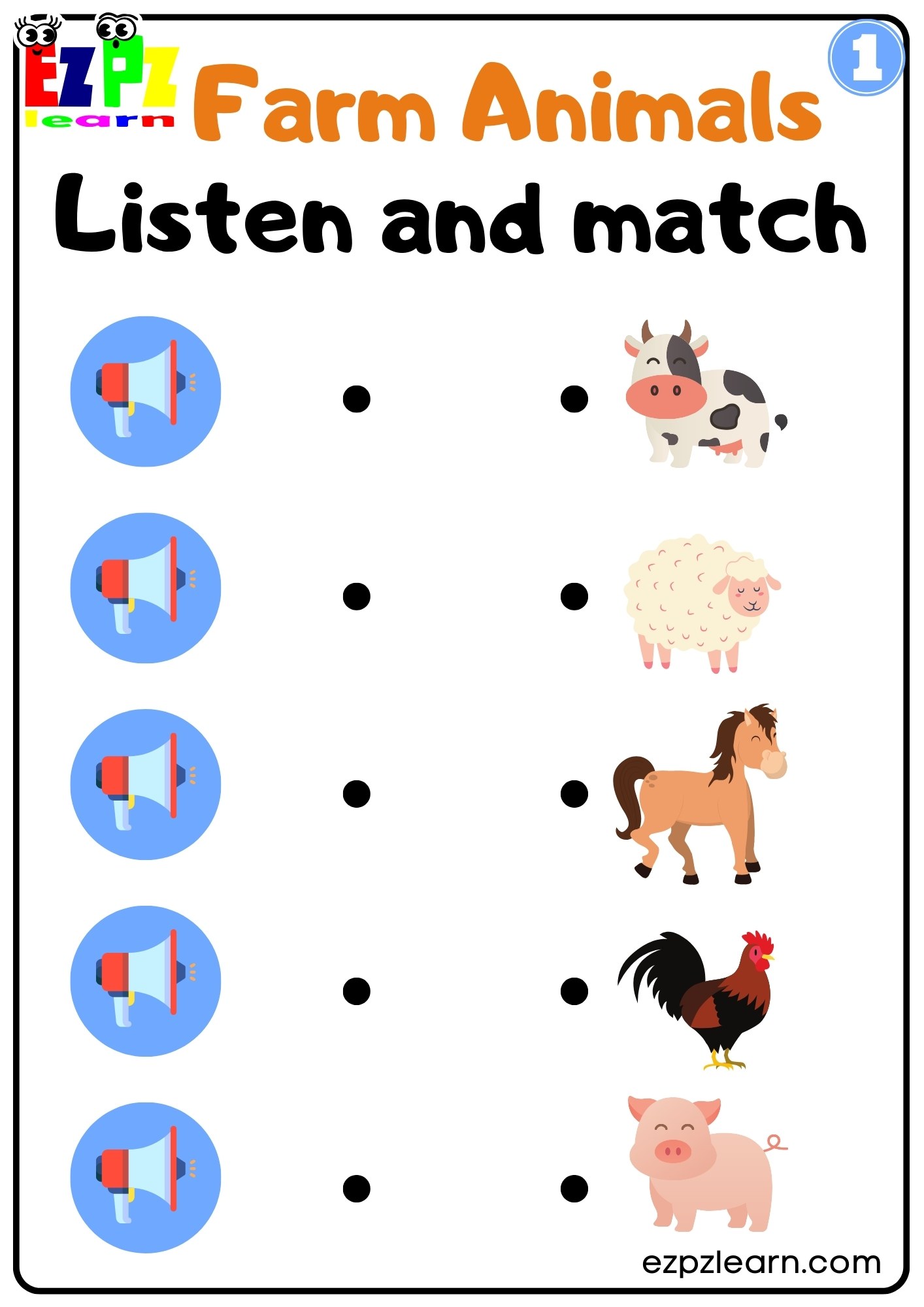 Listen and Match Interactive Farm Animals Worksheet Group 1 - Ezpzlearn.com